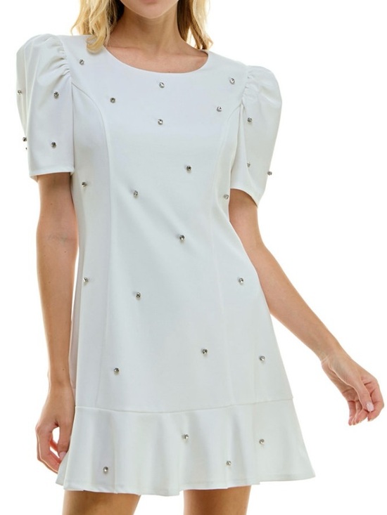 Crystal Doll Dresses & Skirts - NWT Crystal Doll White Mini Dress with Puff Sleeves and Rhinestones Accents